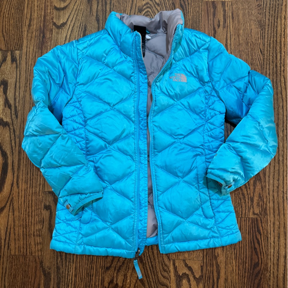 North Face Teal Blue Quilted Down Puffer Zip Up Jacket Sz L (14/16).